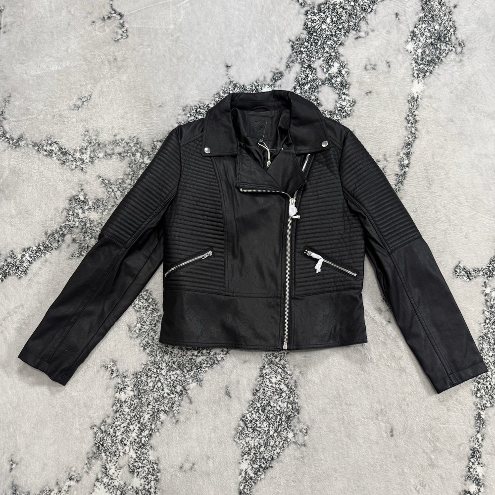 Max Studio Black Moto Jacket Womens Size L Faux Leather Quilted Zip Biker NWT